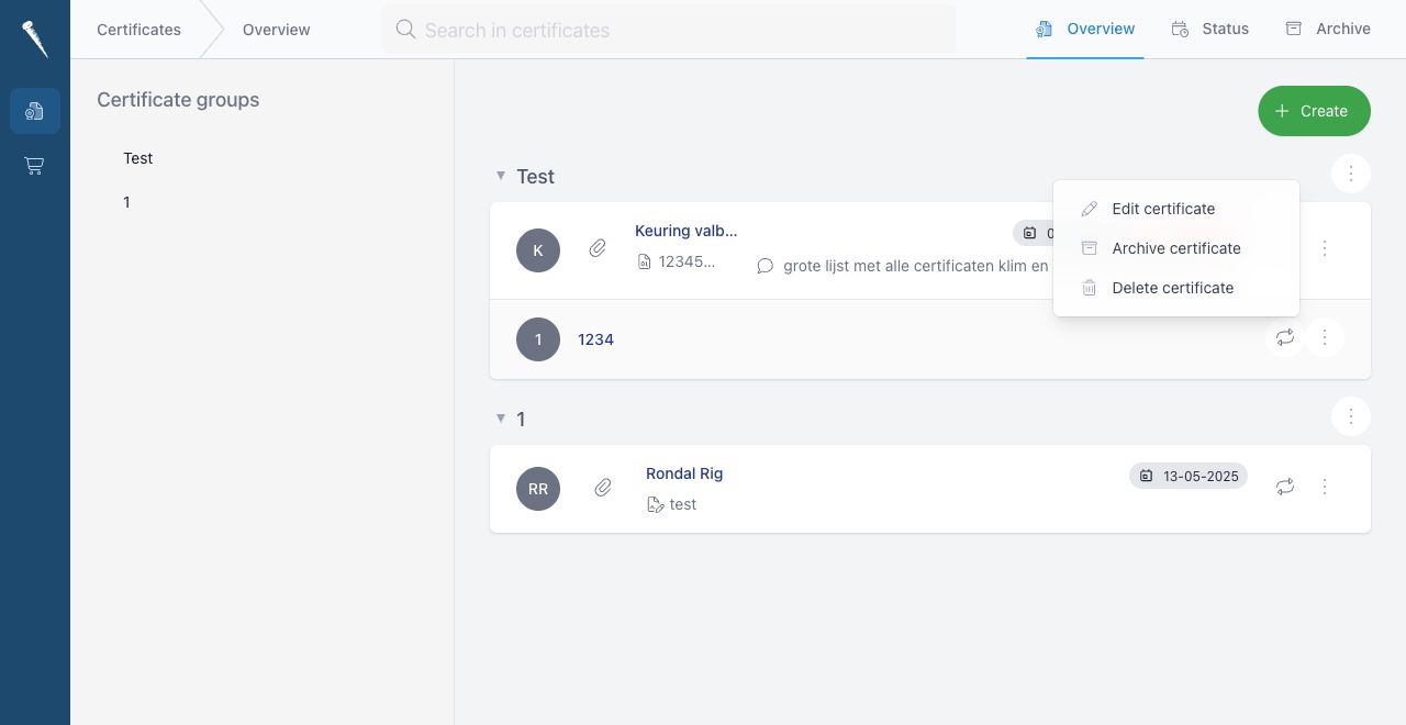 Certificate actions