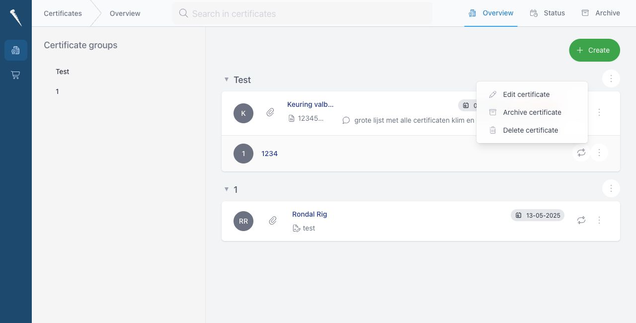 Certificate actions