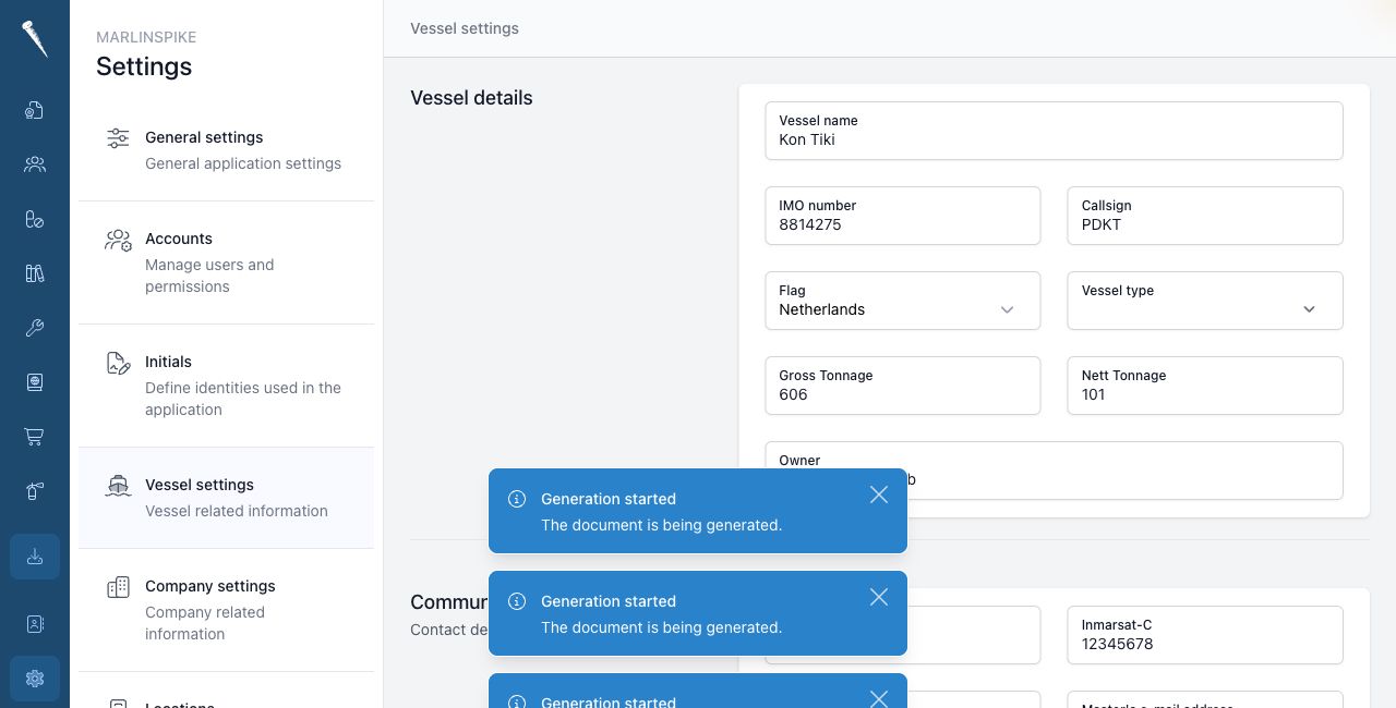 Vessel settings
